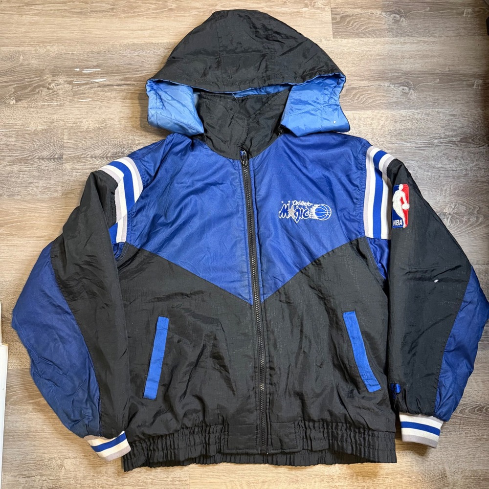 Vintage Pro Player Orlando Magic NBA Puffer Jacket Hooded Blue Black Mens Medium